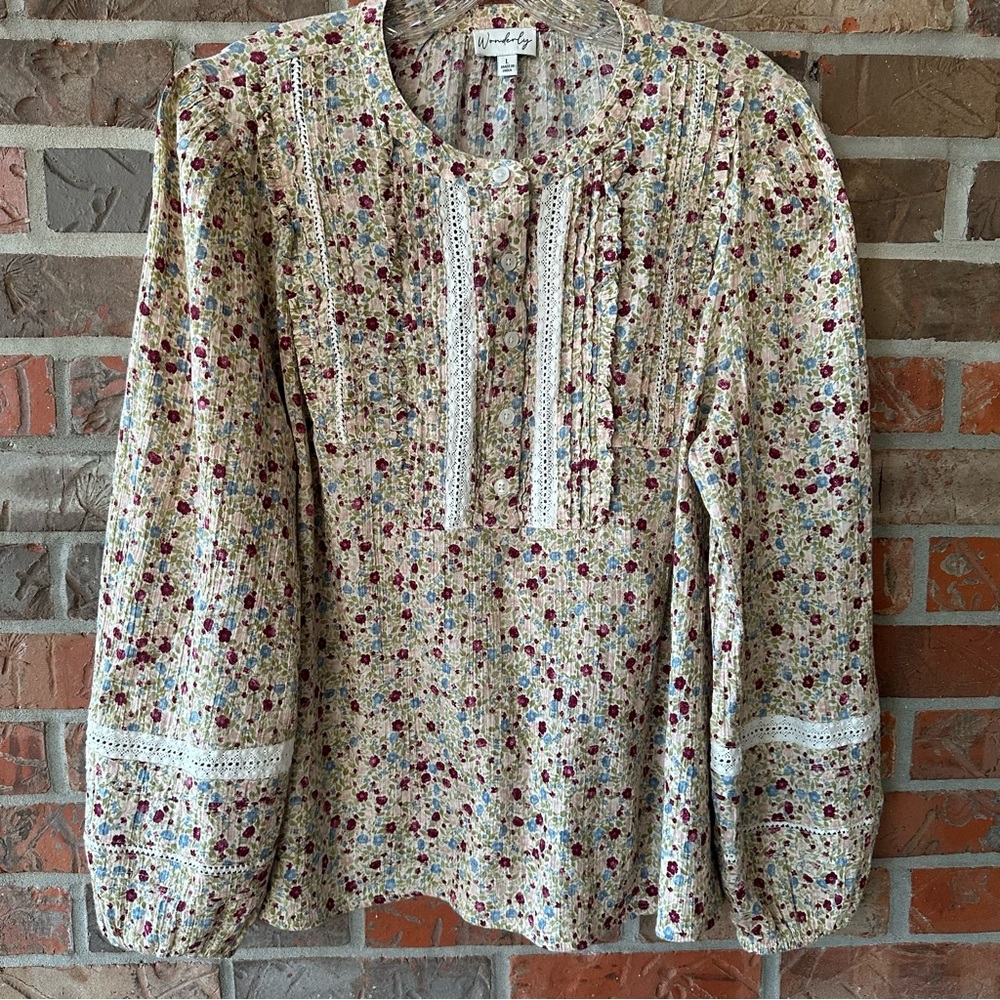 Wonderly Floral Print Top Large Cottagecore Prairie Long Sleeve Crinkled